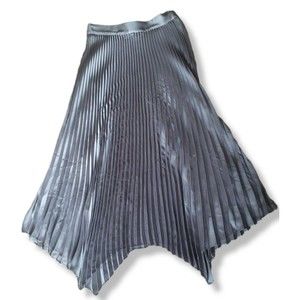 INTERMIX Size 2 Bella Pleated Midi Skirt Grey Asymmetrical Handkerchief Hem